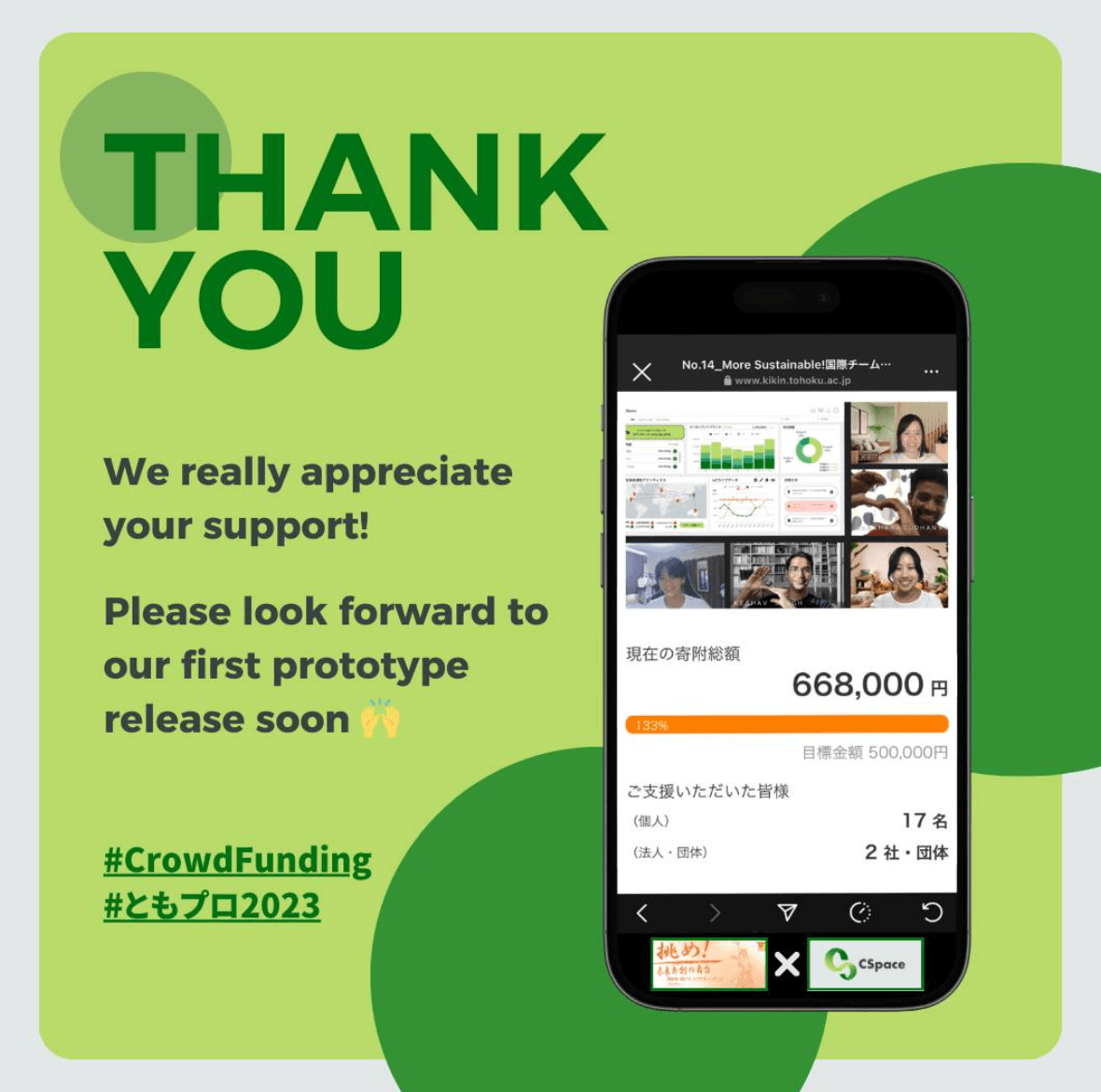 CSpace receives 668,000 yen in donations from Tomopro 2023 crowdfunding programme